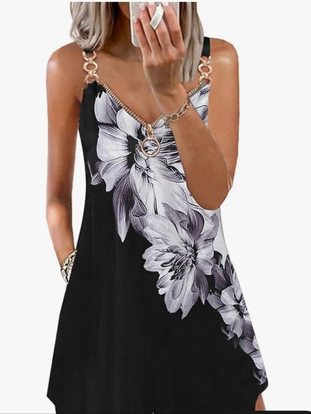 Women’s XL Black White Floral Slip Dress V-Neck Chain Straps Sleeveless Knee